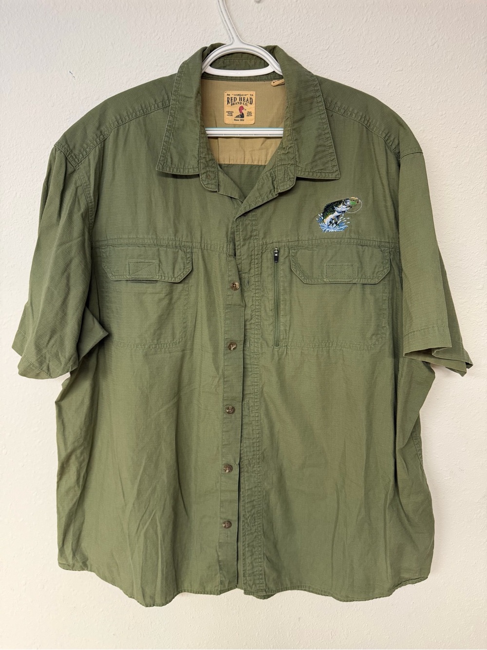 RedHead Olive Short-Sleeve Outdoor Shirt Jacket with Fish Embroidery